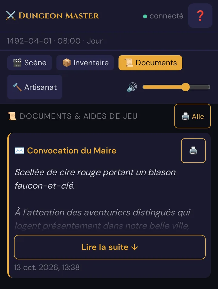 L'onglet Documents sur le téléphone du joueur : la lettre Convocation du Maire avec icône, bouton d'impression, premières lignes et Lire la suite ↓