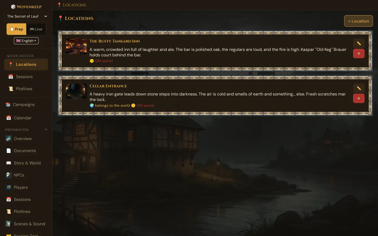 Locations with two places from the demo: The Rusty Tankard Inn (🤫 GM secret) and Cellar Entrance for all campaigns of the world (🌍 belongs to the world), top right + Location
