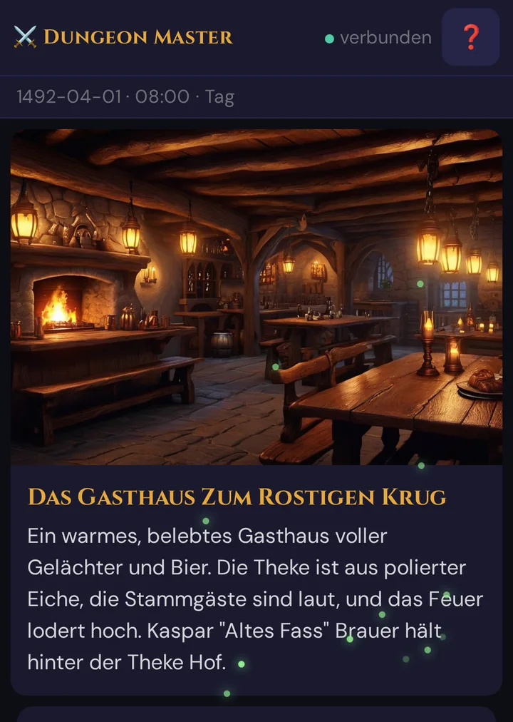 Das Spieler-Handy nach einem Szenen-Push: Bild, Titel und Beschreibung des Demo-Gasthauses, kein GM-Geheimnis
