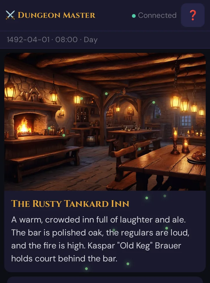 The player's phone after a scene push: image, title and description of the demo inn, no GM secret