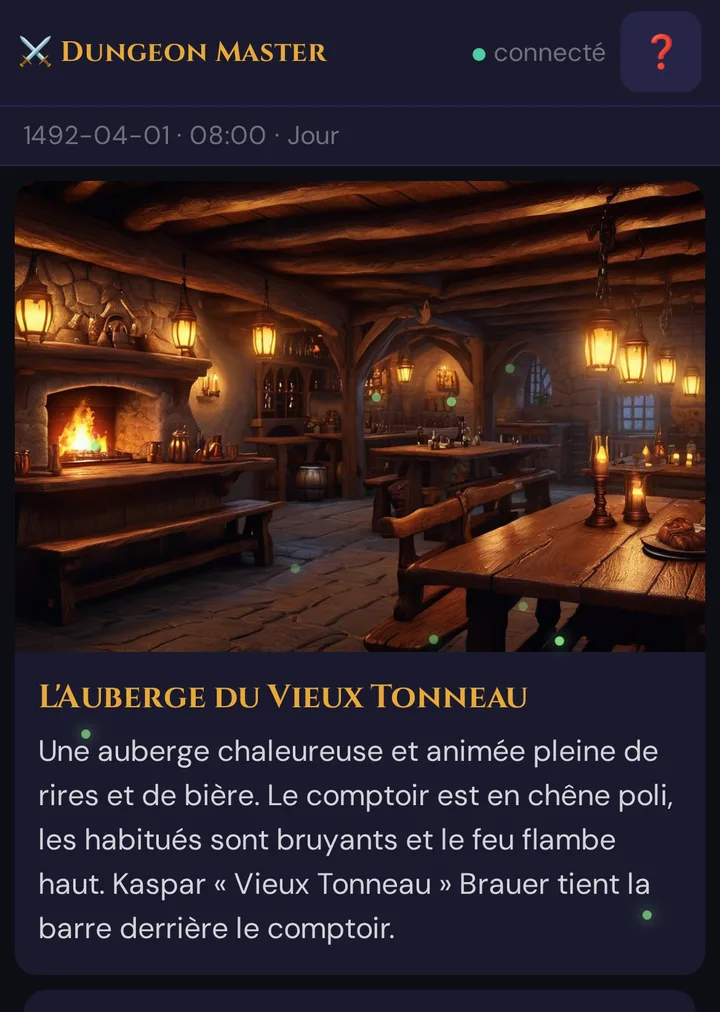 Le téléphone du joueur après l'envoi d'une scène : image, titre et description de l'auberge de démonstration, sans Secret de Game Master
