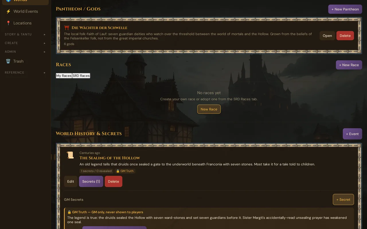 The page of the demo world from Pantheon / Gods: the demo pantheon with Open and Delete, + New Pantheon, Races with + New Race and the tabs My Races and SRD Races, below it the start of World History & Secrets