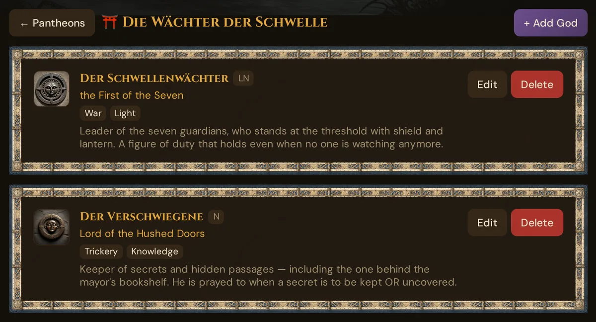 God list of the demo pantheon Die Wächter der Schwelle: symbol, name, alignment, title, domains, description, Edit and Delete