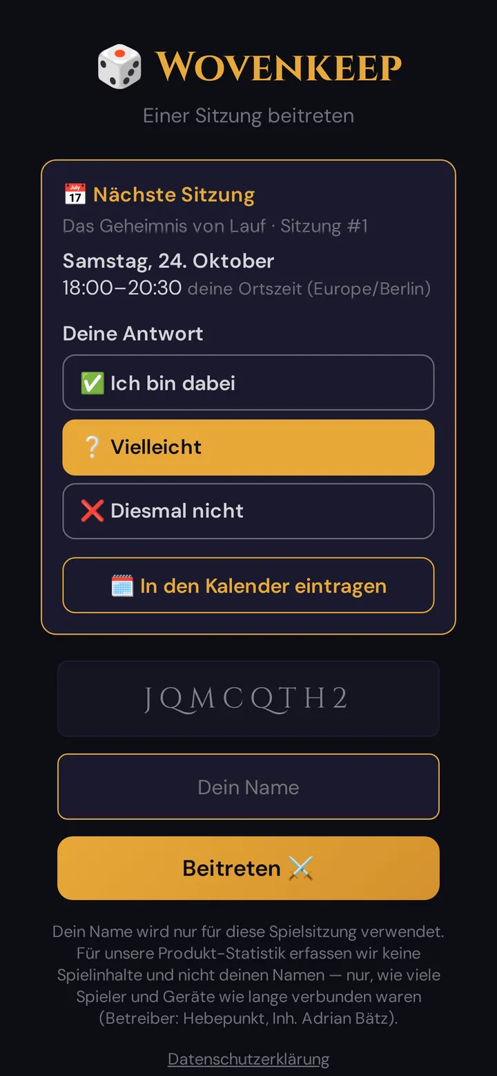 Die Karte Nächste Sitzung auf dem Handy eines Spielers mit den drei Antwort-Knöpfen und In den Kalender eintragen