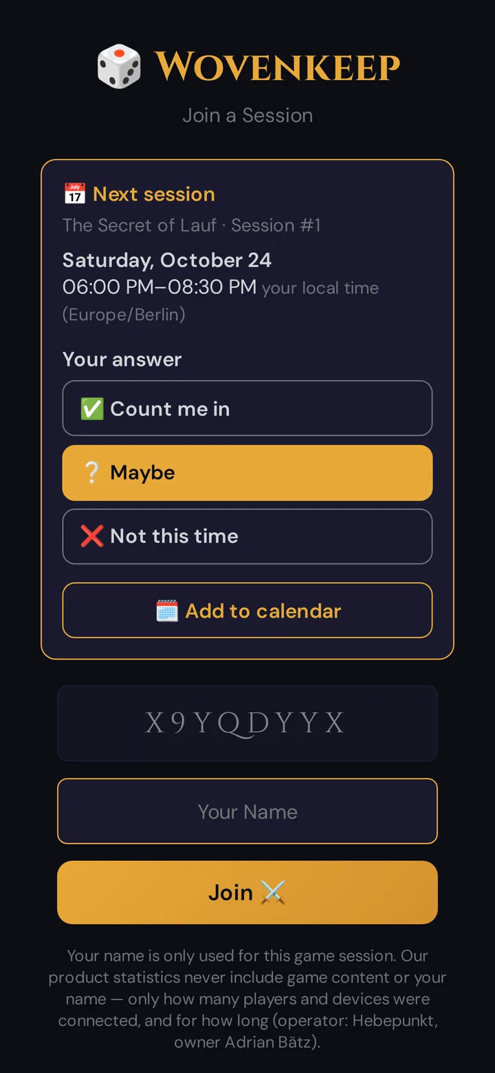 The Next session card on a player's phone with the three answer buttons and Add to calendar