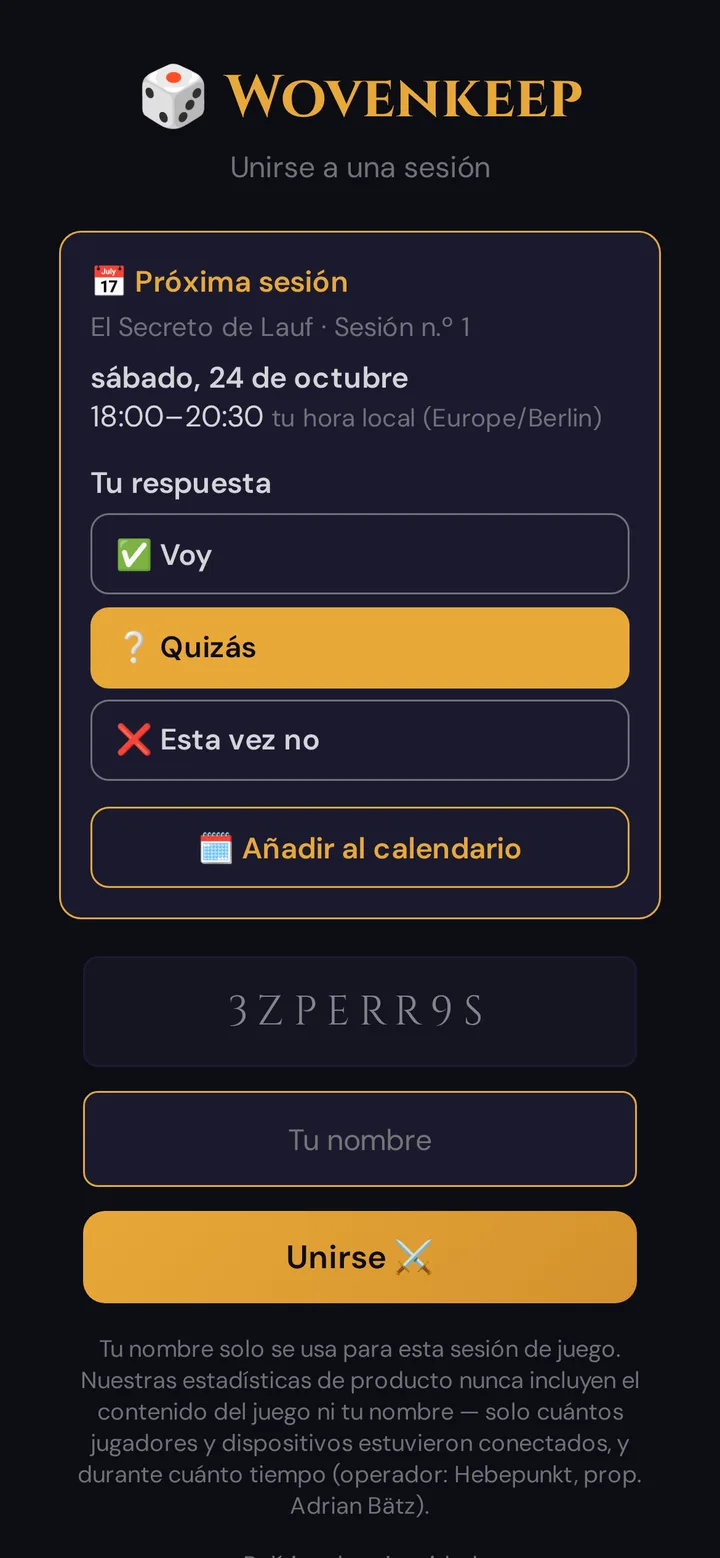 La tarjeta Próxima sesión en el teléfono de un jugador con los tres botones de respuesta y Añadir al calendario