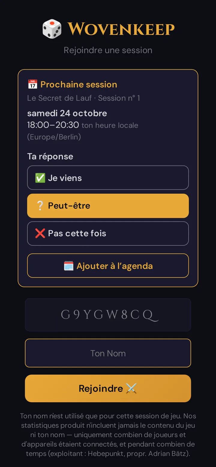 La carte Prochaine session sur le téléphone d'un joueur avec les trois boutons de réponse et Ajouter à l'agenda