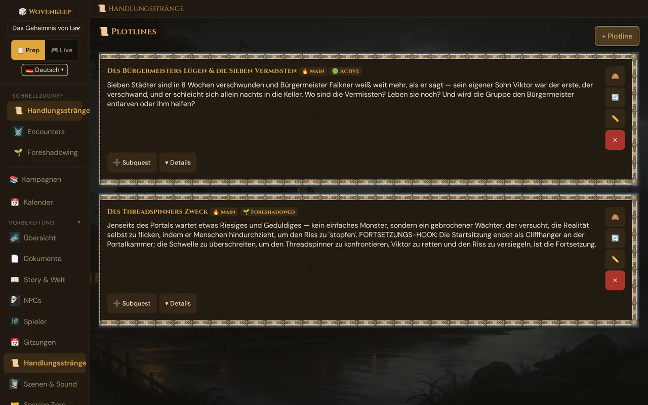Plotlines: die zwei Haupt-Plotlines der Demo mit ihren Status-Badges, ➕ Subquest und ▾ Details, rechts die Knöpfe, oben rechts + Plotline