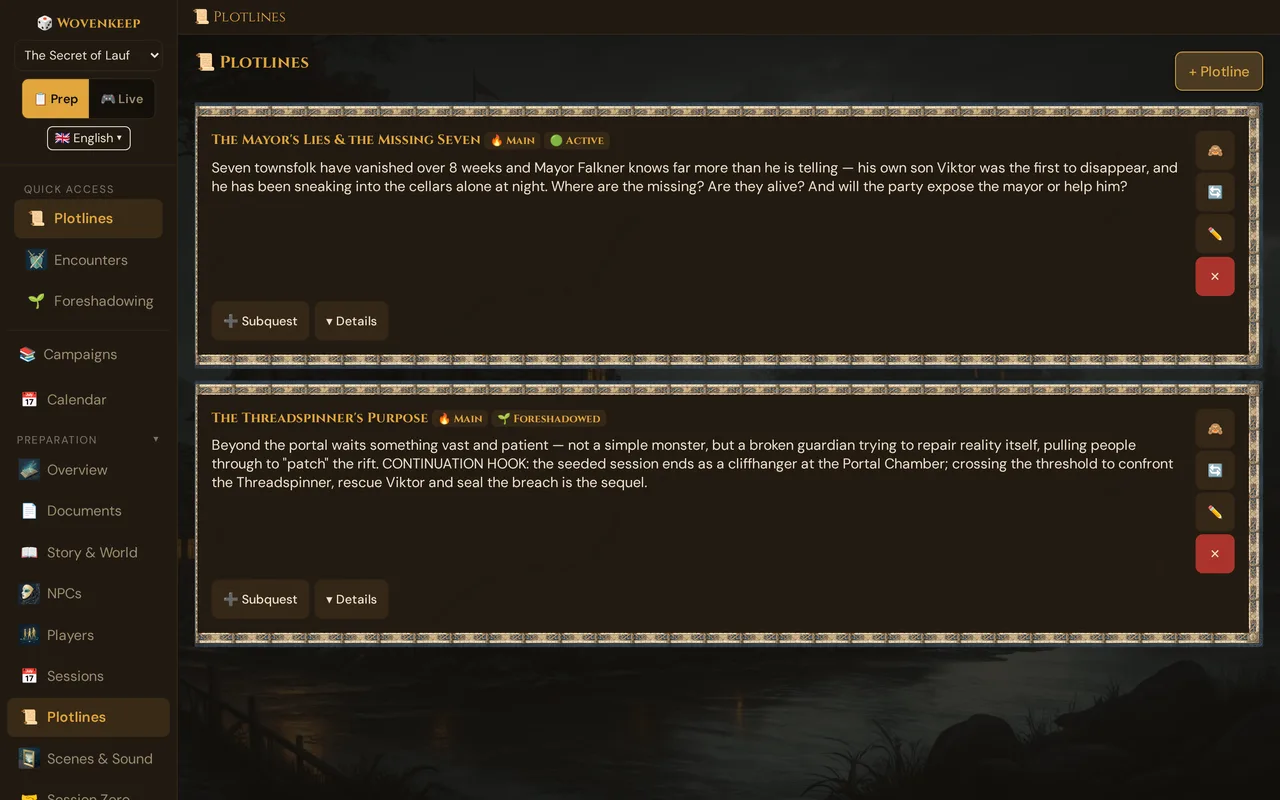Plotlines: the two main plotlines of the demo with their status badges, ➕ Subquest and ▾ Details, the buttons on the right, top right + Plotline