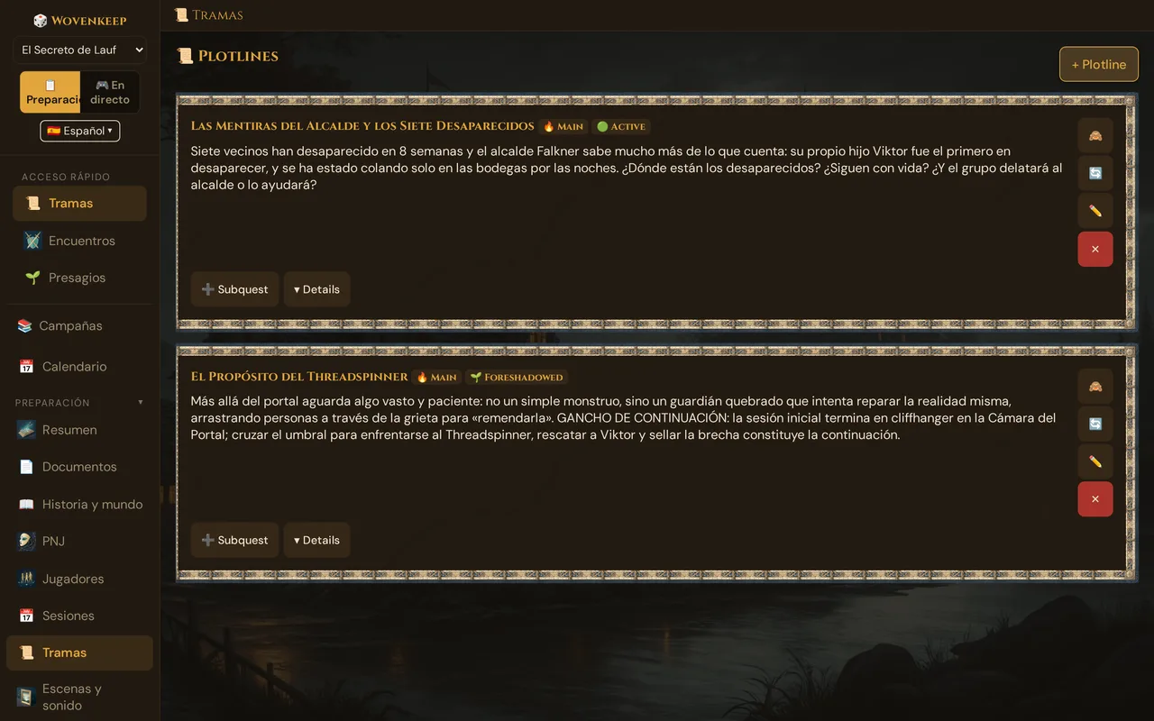 Tramas: las dos tramas principales de la demo con sus insignias de estado, ➕ Subquest y ▾ Details, los botones a la derecha, arriba a la derecha + Plotline (por ahora con textos en inglés)