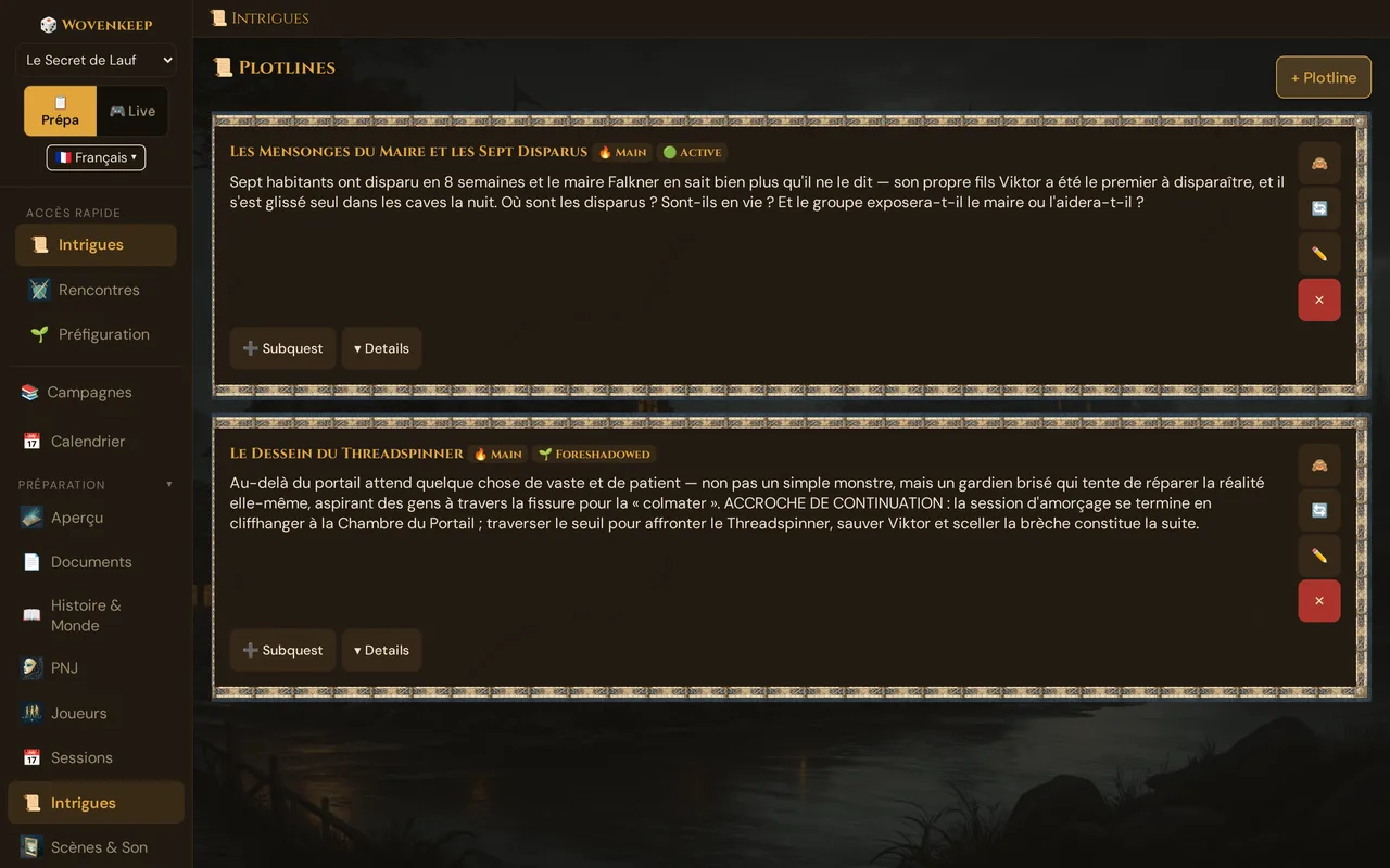 Intrigues : les deux intrigues principales de la démo avec leurs badges de statut, ➕ Subquest et ▾ Details, les boutons à droite, en haut à droite + Plotline (libellés encore en anglais pour l'instant)