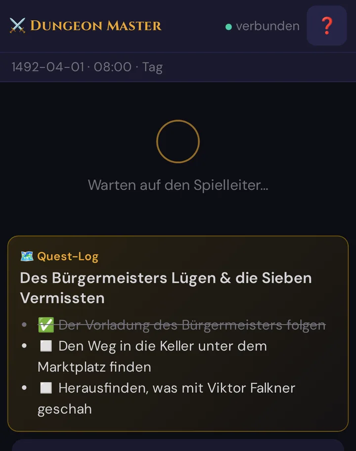 Quest-Karte auf dem Spieler-Handy: Quest-Log, der Titel des Handlungsstrangs und seine Ziele, das erste abgehakt