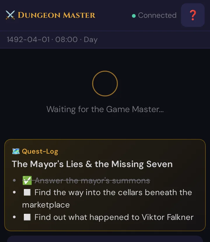 Quest card on the player's phone: Quest-Log, the quest title and its objectives, the first one ticked off