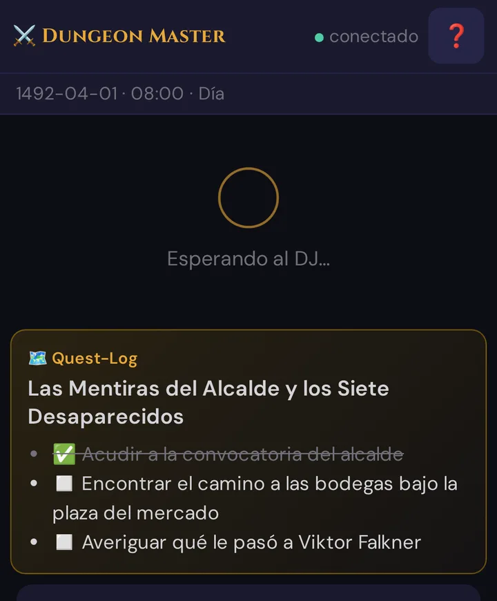 Tarjeta de misión en el móvil del jugador: Quest-Log, el título de la trama y sus objetivos, el primero tachado