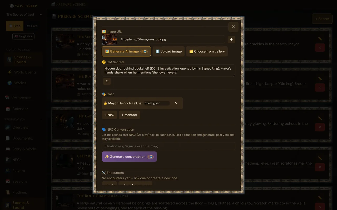 Edit Scene for The Mayor's Study: image with Generate AI image (5 🧵), GM Secrets, Cast with the mayor, + NPC and + Monster, NPC Conversation with Generate conversation (1 🧵), below it Encounters