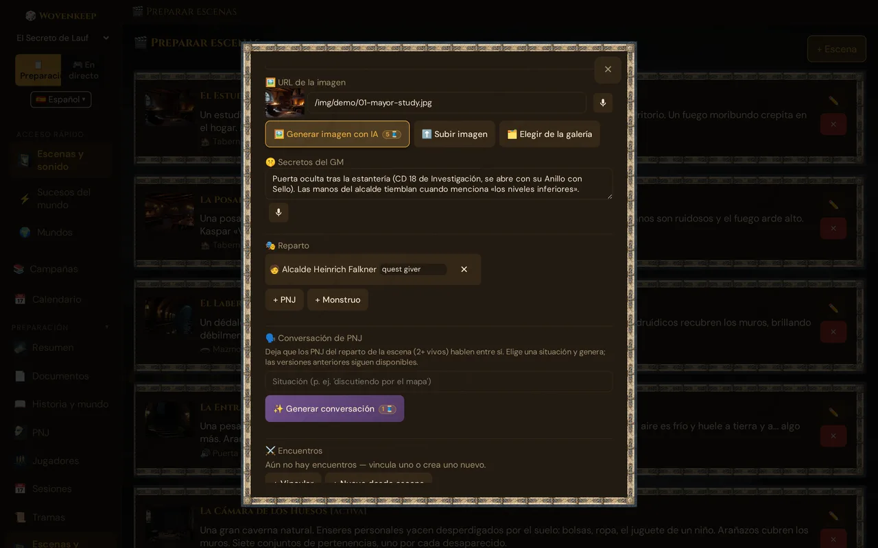 Editar escena para El Estudio del Alcalde: imagen con Generar imagen con IA (5 🧵), Secretos del GM, Reparto con el alcalde, + PNJ y + Monstruo, Conversación de PNJ con Generar conversación (1 🧵), debajo Encuentros