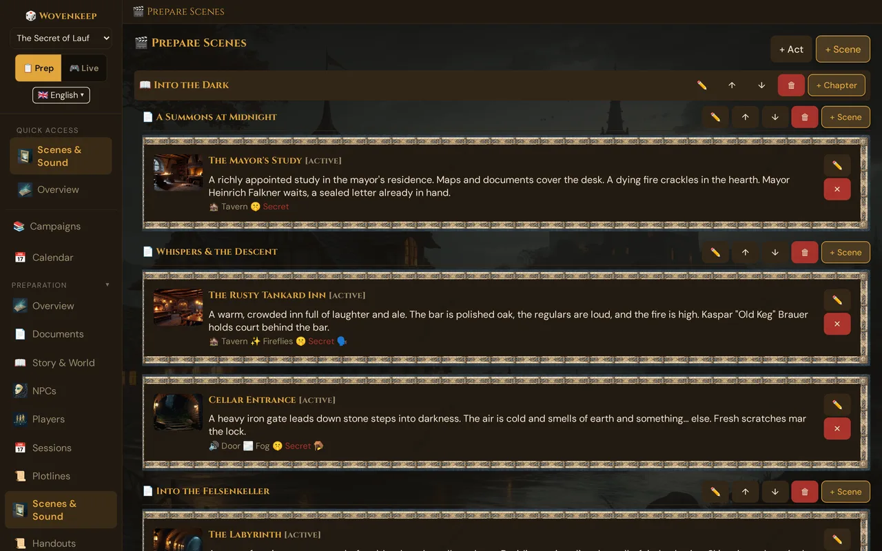 Prepare Scenes with the demo campaign: the act Into the Dark with ✏️ ↑ ↓ 🗑 and + Chapter, below it the chapters A Summons at Midnight and Whispers & the Descent, each with + Scene, and their scene cards with thumbnail, description and markers for sound, overlay, secret and encounter type; top right + Act and + Scene