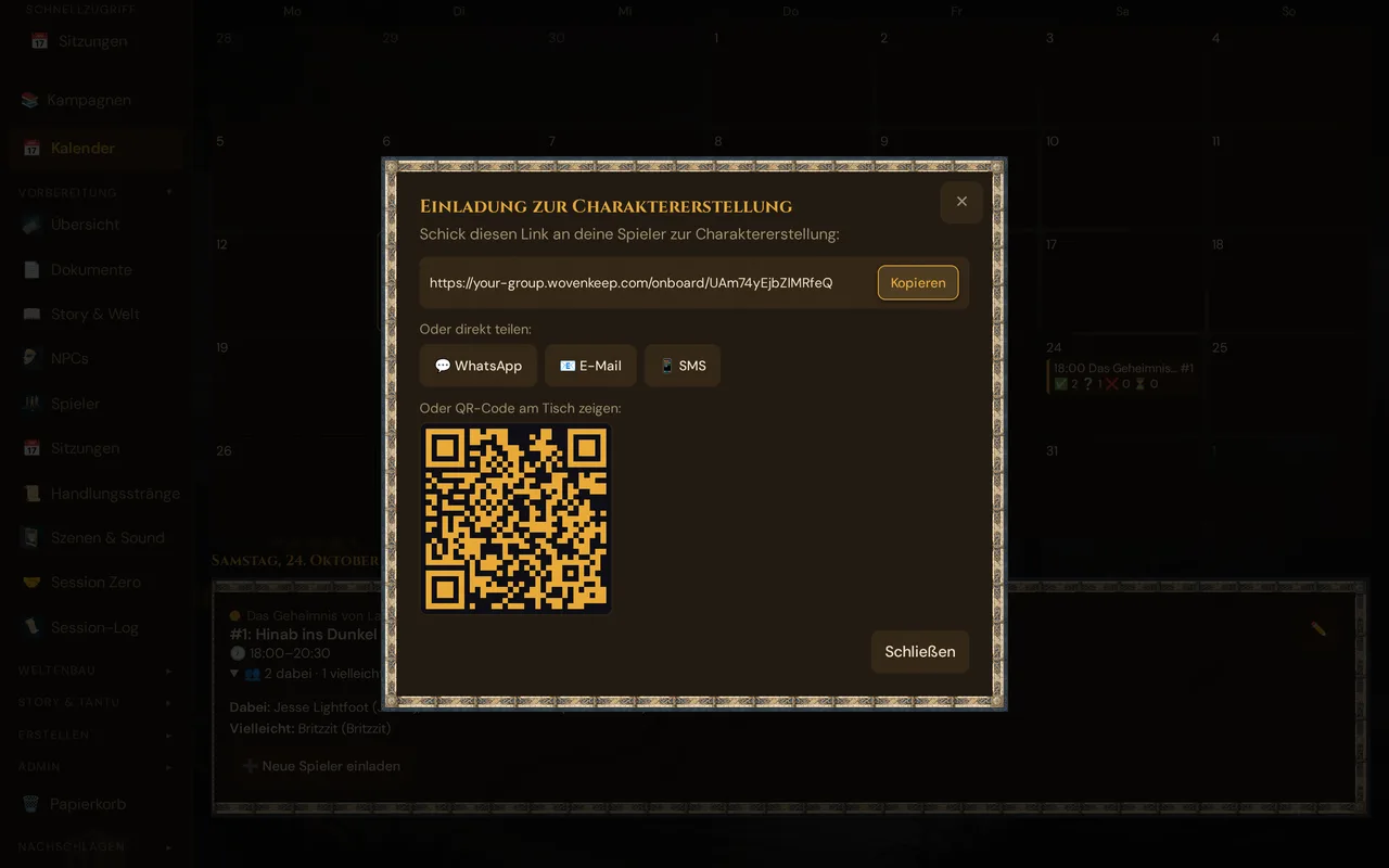 Einladungsdialog mit Link, Teilen-Knöpfen und QR-Code