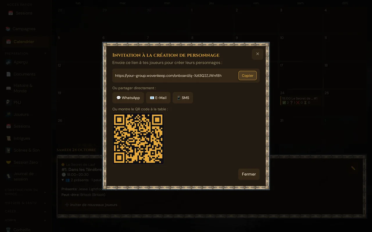 Boîte de dialogue d'invitation avec le lien, les boutons de partage et le QR code