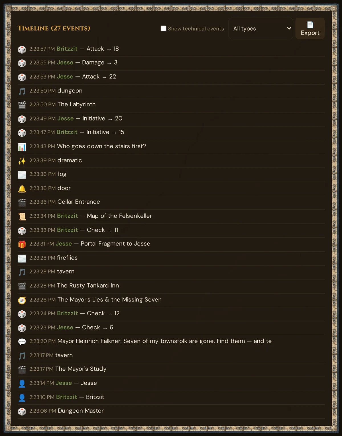 The timeline of a session, newest event first