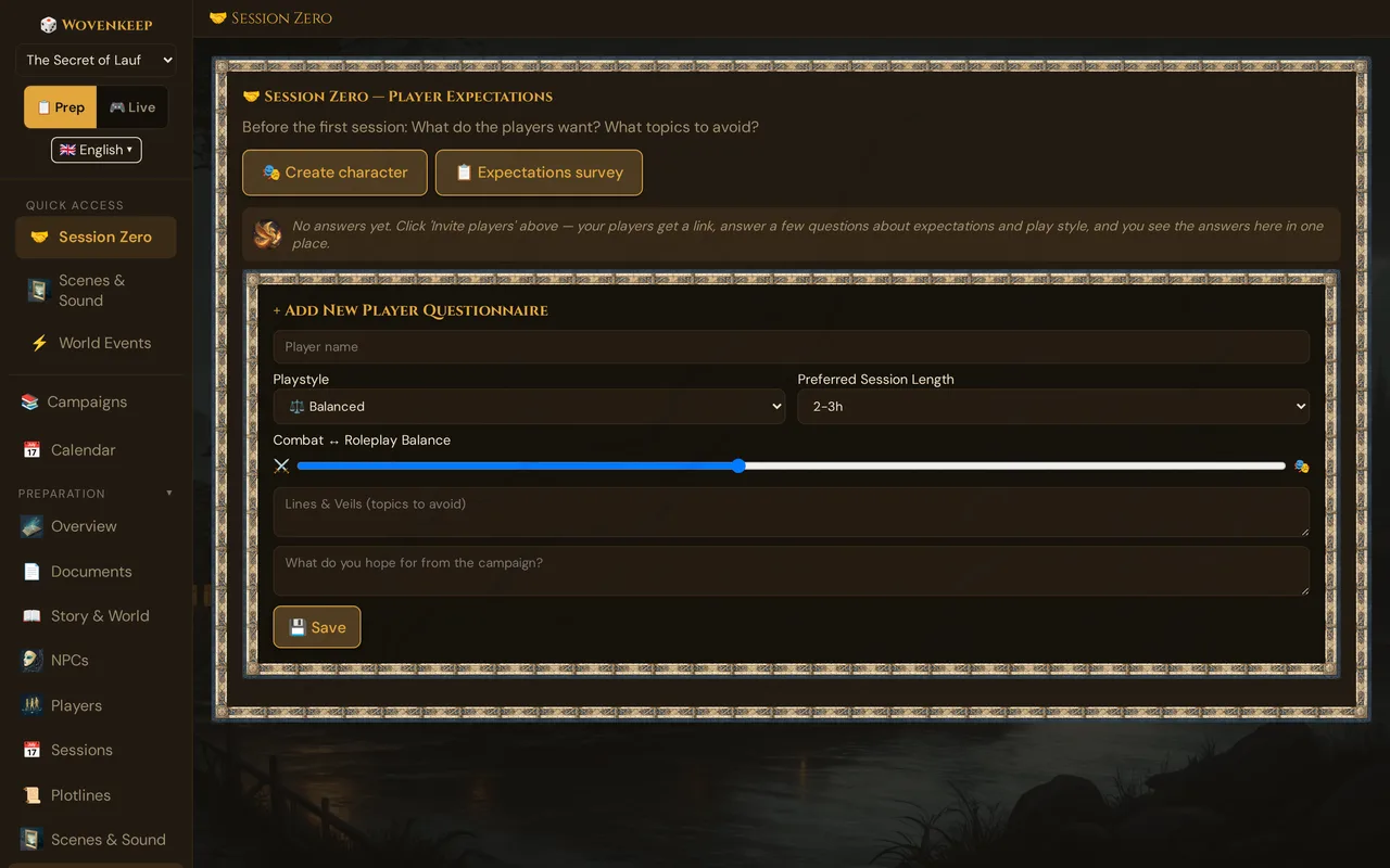 Session Zero β Player Expectations: Create character and Expectations survey, the hint while no answers are in yet, and the form + Add New Player Questionnaire