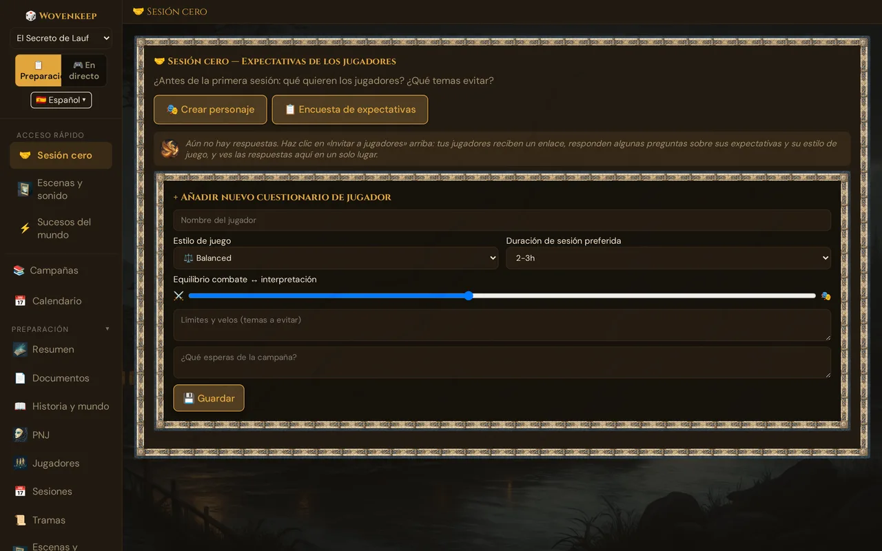 La sección Sesión cero con los dos botones de invitación Crear personaje y Encuesta de expectativas