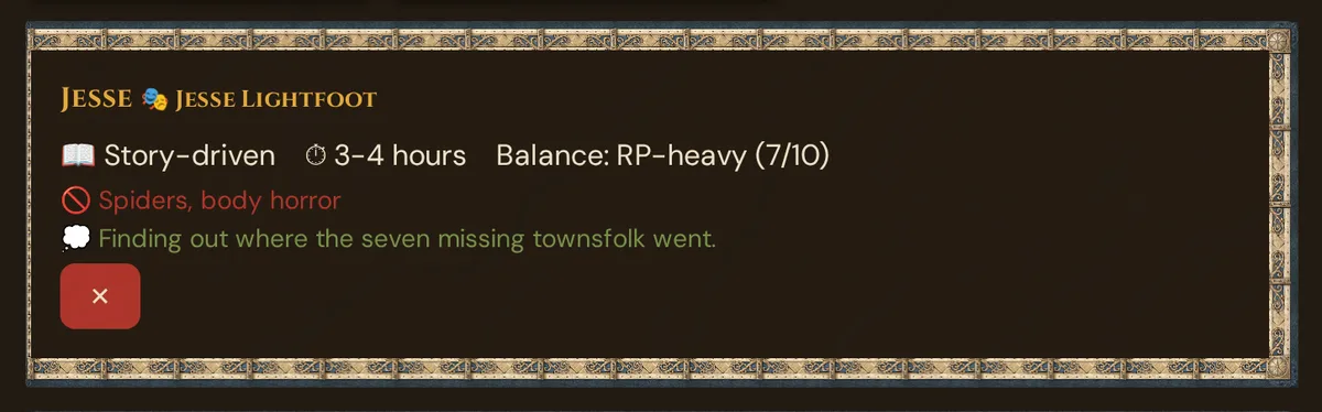 A player's answers as a card in your Session Zero view