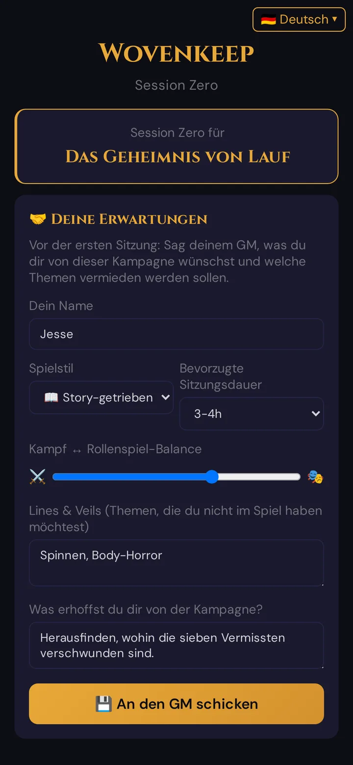 Die Session-Zero-Umfrage ausgefüllt auf dem Handy eines Spielers