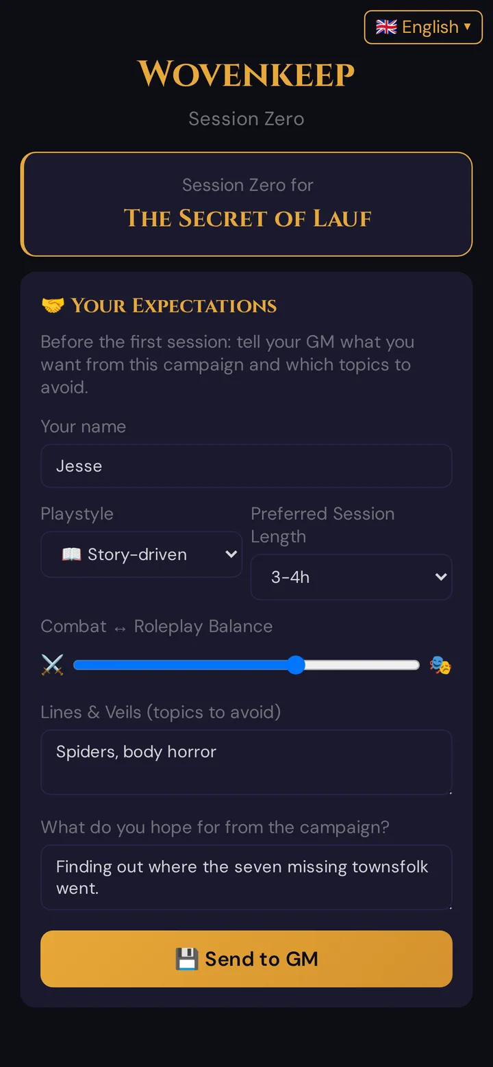 The Session Zero survey on a player's phone, filled in