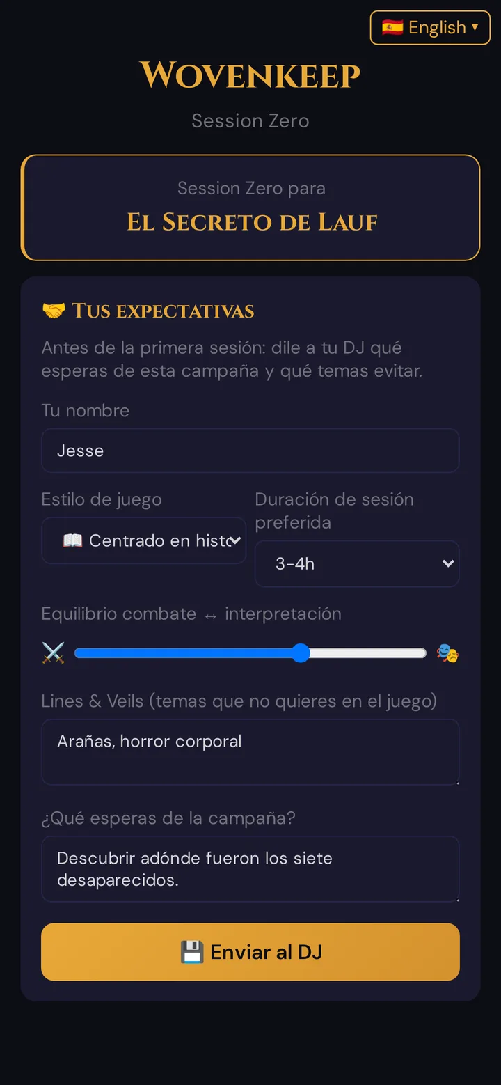 La encuesta de Session Zero rellenada en el móvil de un jugador