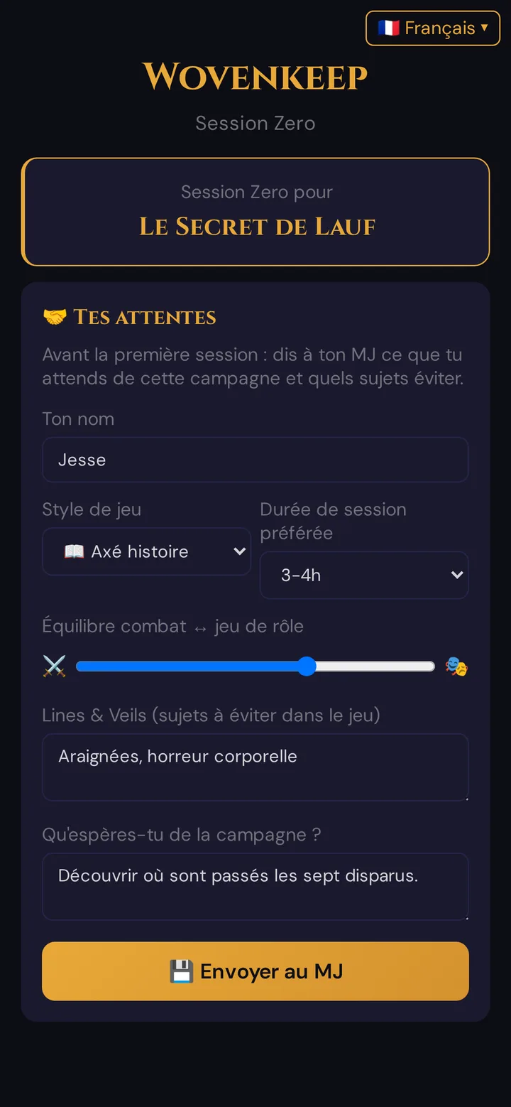 Le sondage Session Zero rempli sur le téléphone d'un joueur