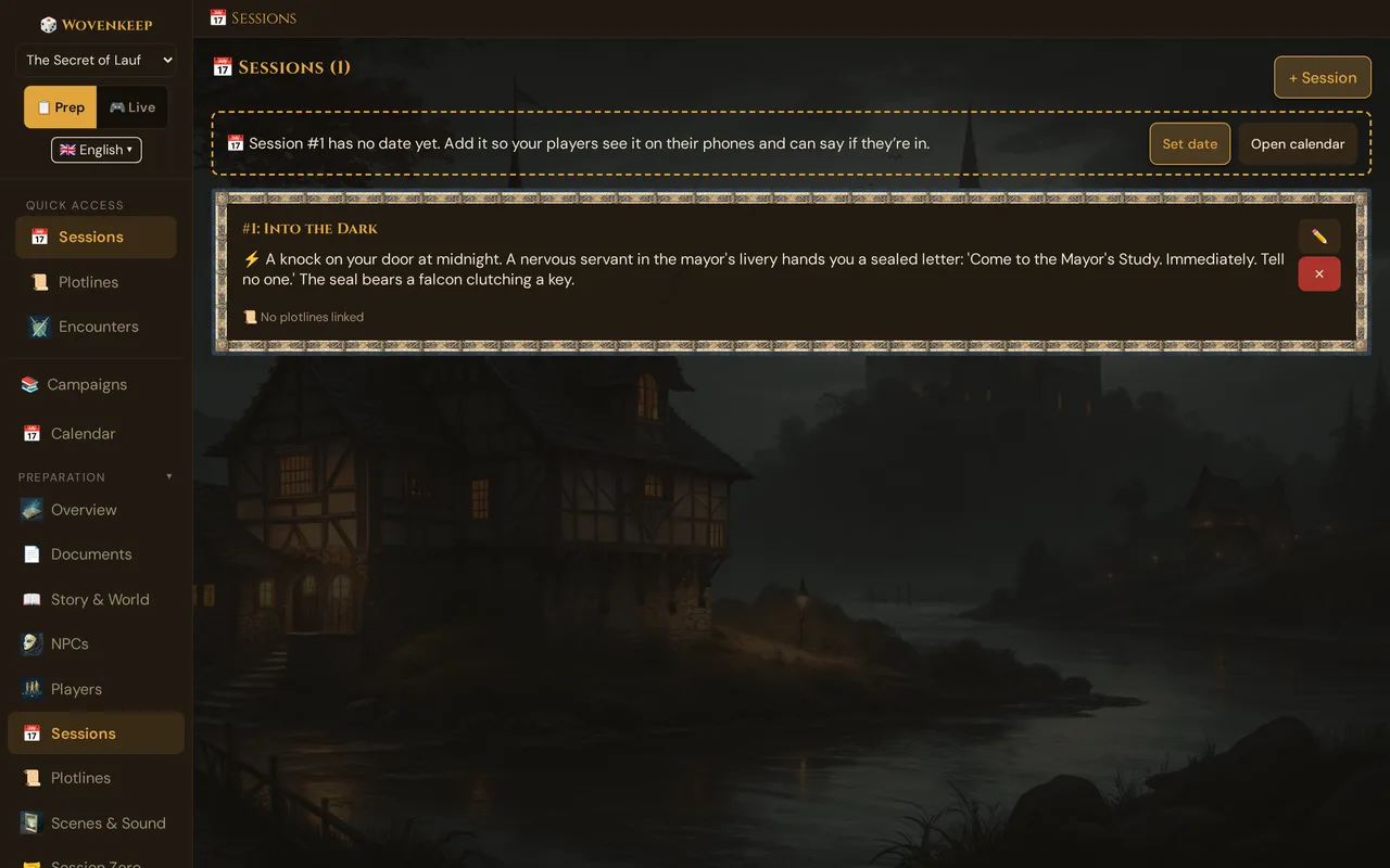Sessions: the hint that session #1 has no date yet (Set date, Open calendar) and the card of session #1 Into the Dark, top right + Session