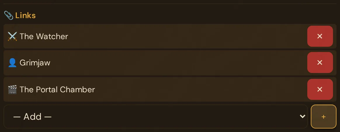 The Links section in the session editor