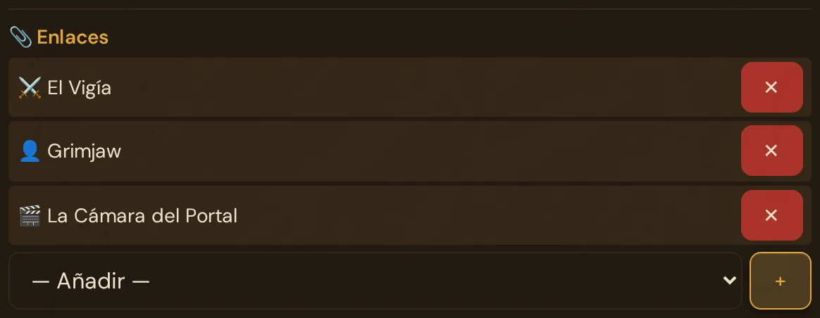 La sección Enlaces en el editor de sesión