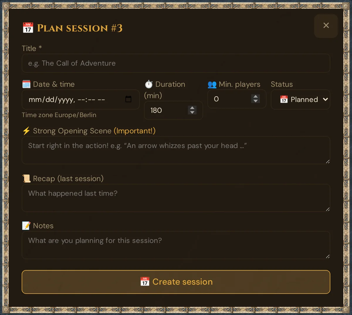 The Plan session dialog