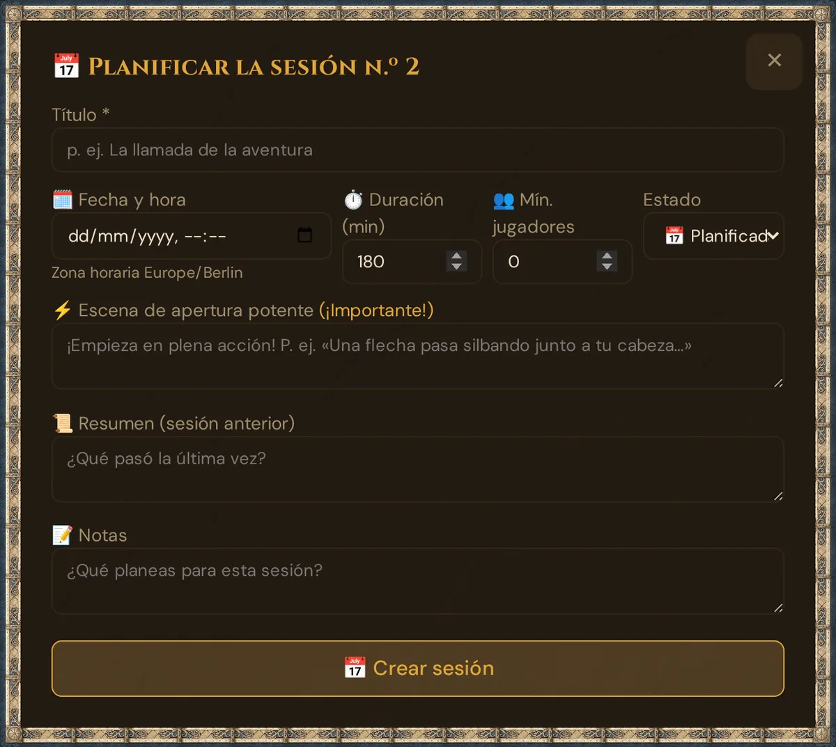 El diálogo «Planificar la sesión»