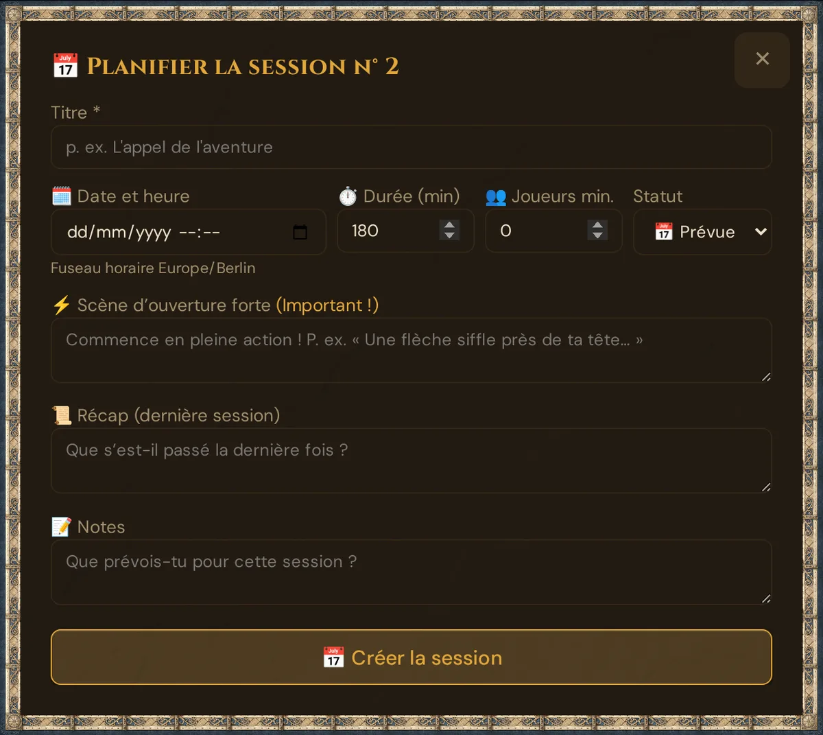 La fenêtre « Planifier la session »
