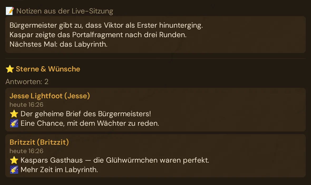 Der Editor einer gespielten Session: Notizen aus der Live-Sitzung und Sterne & Wünsche