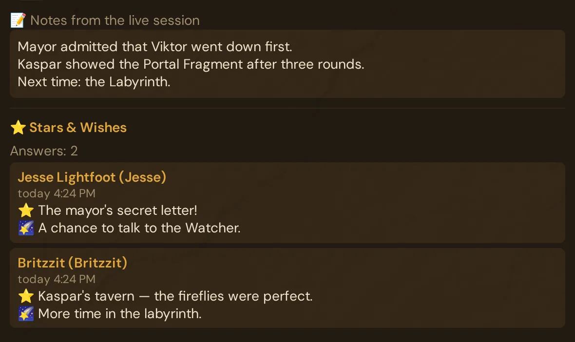 The editor of a played session: notes from the live session and Stars & Wishes