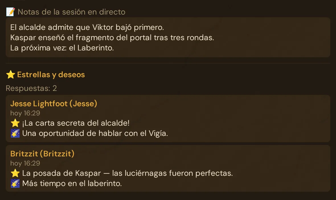 El editor de una sesión jugada: notas de la sesión en directo y Estrellas y deseos