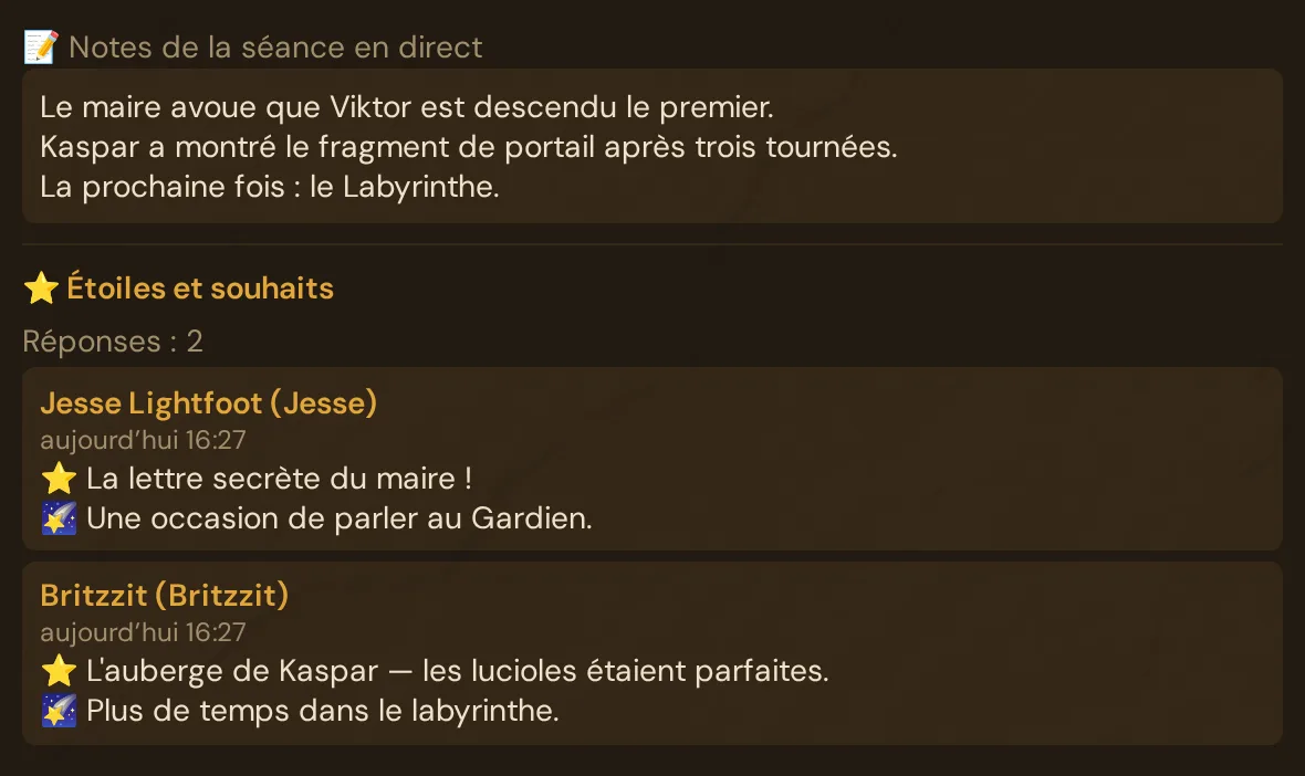 L'éditeur d'une session jouée : notes de la séance en direct et Étoiles et souhaits