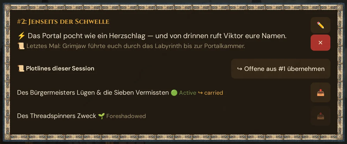 Eine Sitzungskarte mit Strong Start, Recap und den Plotlines dieser Session