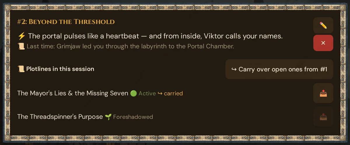 A session card with strong start, recap and the plotlines of this session