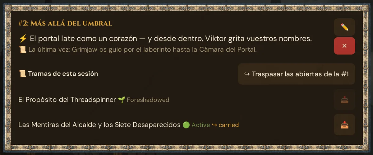 Una tarjeta de sesión con Strong Start, resumen y las tramas de esta sesión