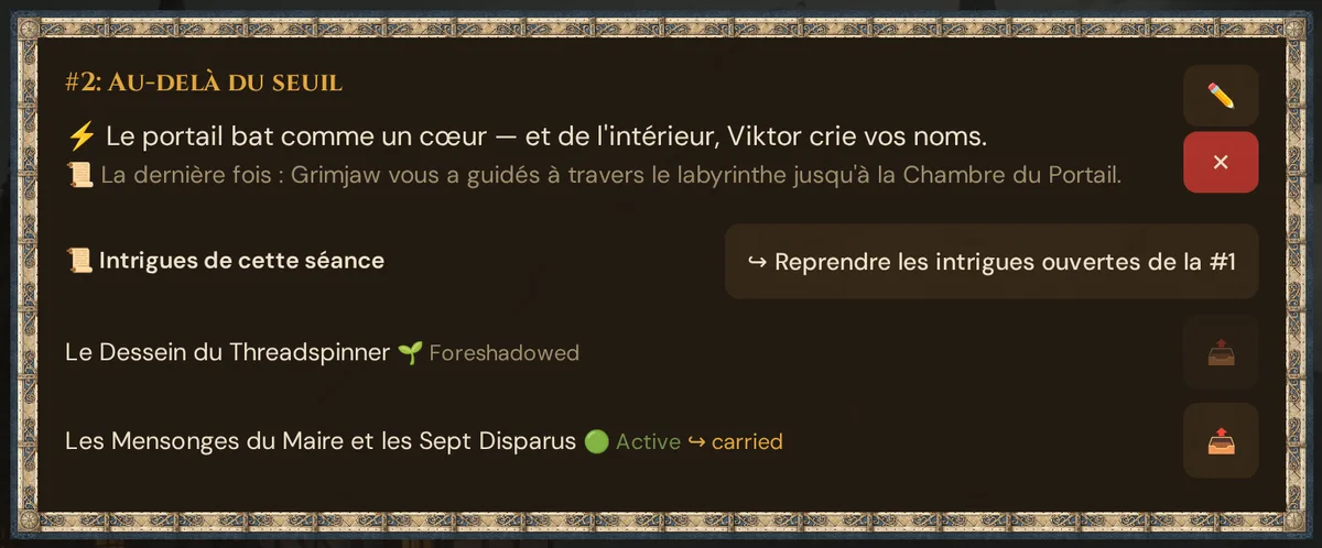 Une carte de session avec Strong Start, récap et les intrigues de cette séance
