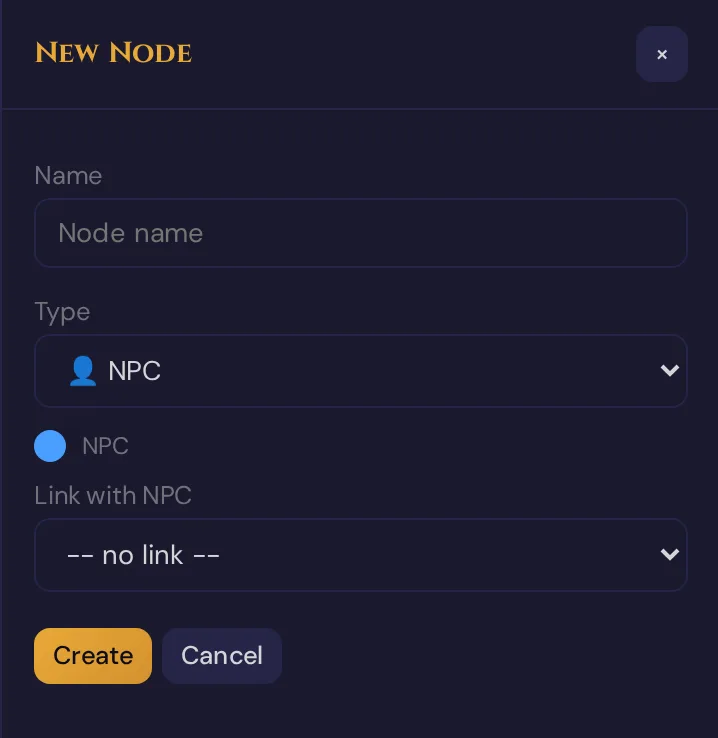 The New Node form in the side panel