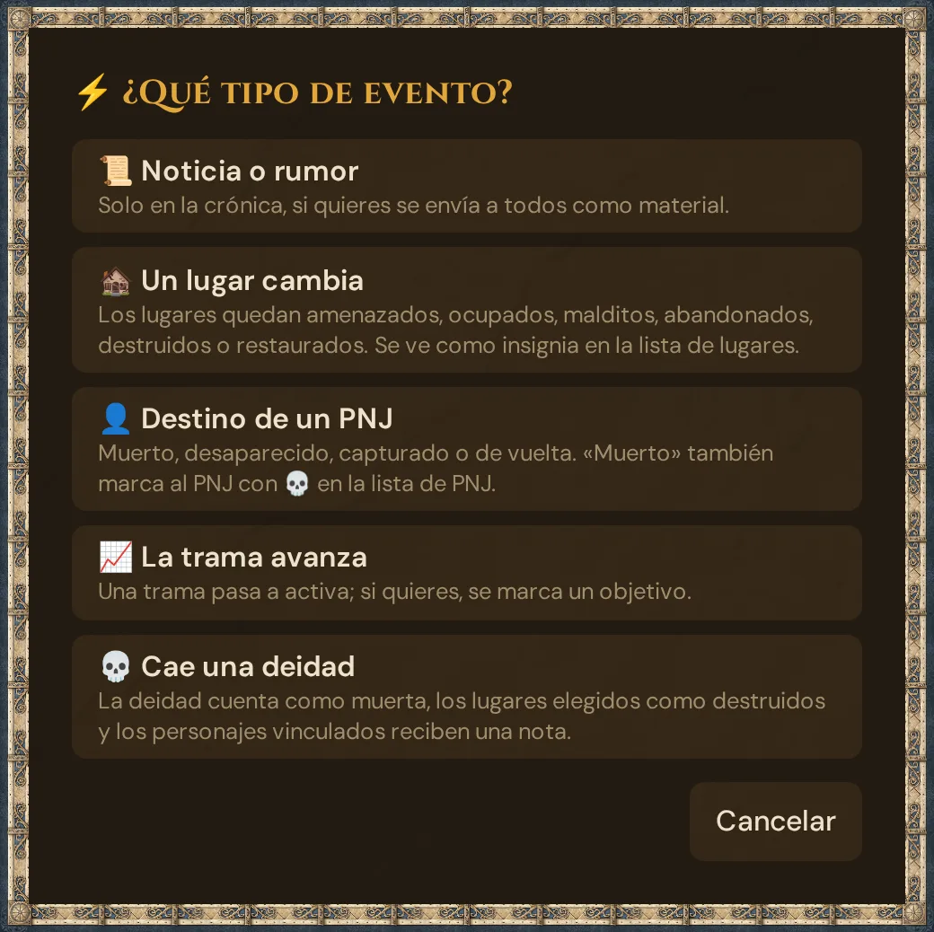 La ventana ⚡ ¿Qué tipo de evento? con cinco opciones — 📜 Noticia o rumor, 🏚️ Un lugar cambia, 👤 Destino de un PNJ, 📈 La trama avanza y 💀 Cae una deidad —, cada una con una breve explicación, y Cancelar