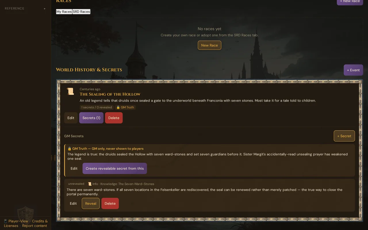 World History & Secrets on the page of the demo world: an event with Edit, Secrets (1) and Delete, below it the expanded GM Secrets with the GM Truth and a secret with Reveal