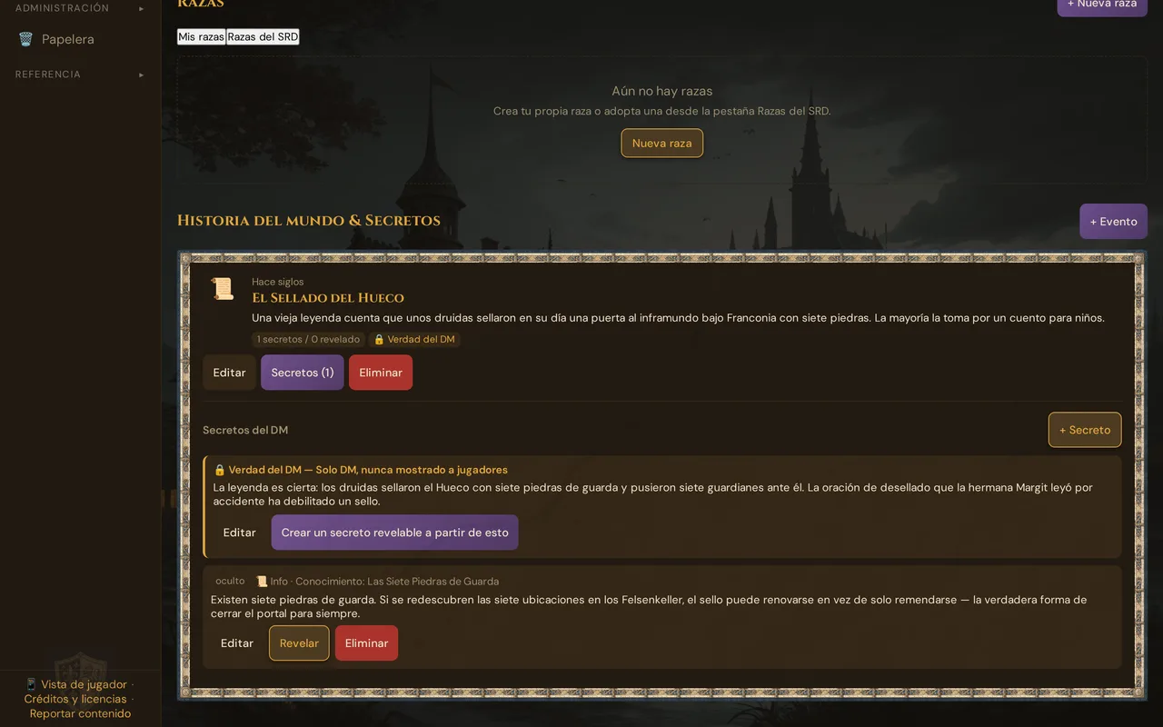 Historia del mundo & Secretos en la página del mundo de demostración: un evento con Editar, Secretos (1) y Eliminar, debajo los Secretos del DM desplegados con la Verdad del DM y un secreto con Revelar