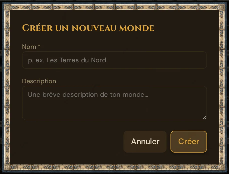 La fenêtre « Créer un nouveau monde »